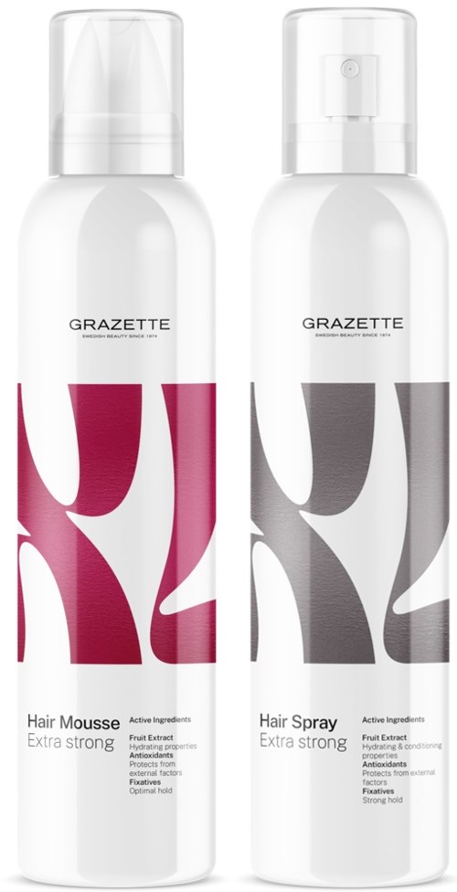 Zwei weiße Flaschen mit 'GRAZETTE' Beschriftung, eine für Haafoam und eine für Haarspray, beide mit modernem Design.