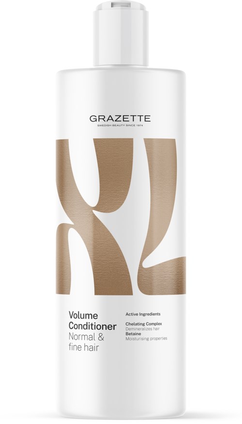 A white bottle with brown and beige abstract shapes, labeled "GRAZETTE Volume Conditioner for normal and fine hair."