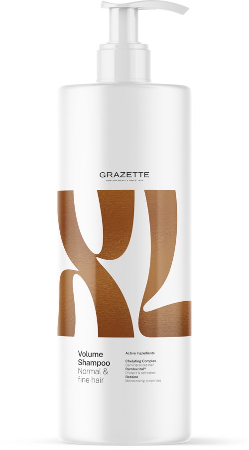 A white bottle with a pump, labeled "GRAZETTE Volume Shampoo" for normal and fine hair, with large brown letters.