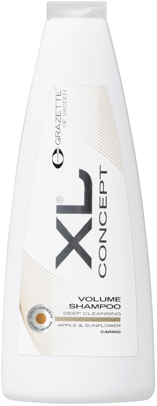 En vit flaska av XL Concept Volume Shampoo med äpple- och solrosdoft. Den rengör och ger näring åt håret.