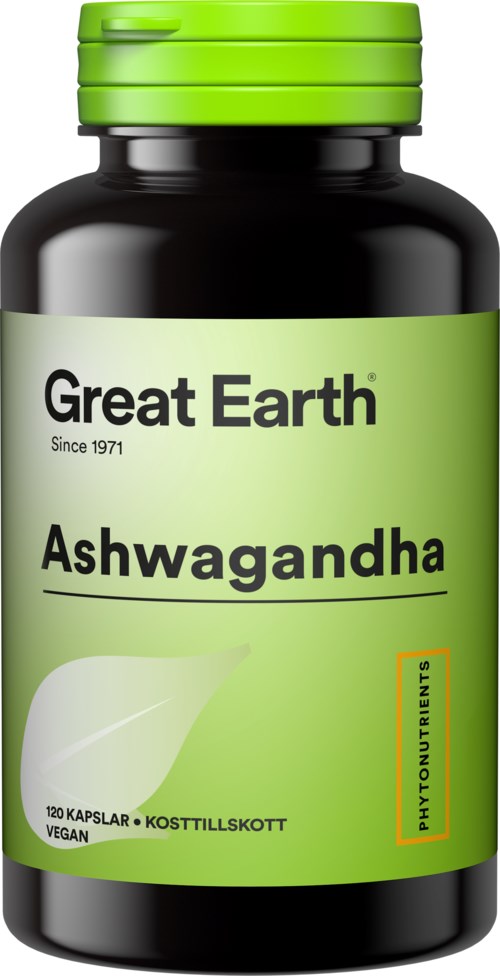 Eine schwarze Flasche mit grünem Deckel und Etikett. Das Etikett zeigt 'Great Earth Ashwagandha' und pflanzenbezogene Grafik.
