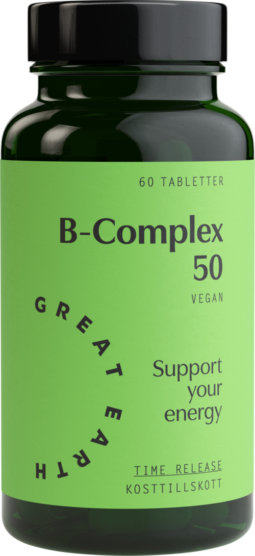 A green bottle of B-Complex vitamins with a black cap, labeled for energy support and vegan, containing 60 tablets.