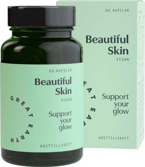 Vihreä pullo, jossa lukee 'Beautiful Skin', tukee hehkua, vegaaninen, sisältää 60 kapselia.