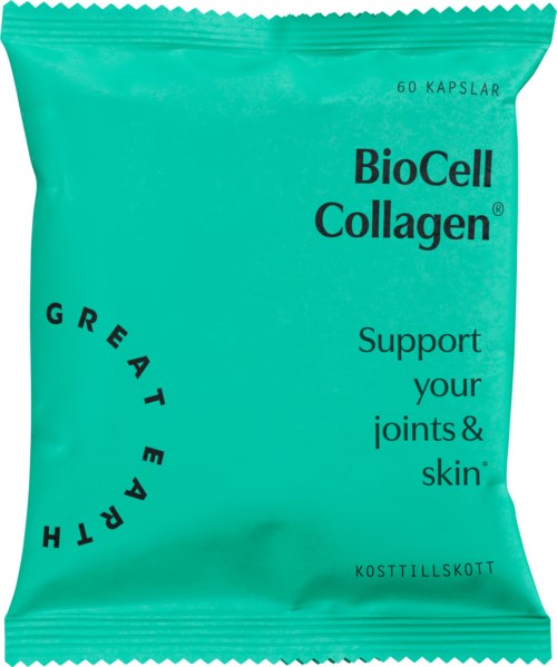 En turkis pose merket 'BioCell Collagen' støtter ledd og hud, med 60 kapsler inni.
