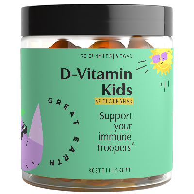 Grønn beholder med D-Vitamin Kids Gummies, med en lilla dråpe og en sol, støtter immunhelse, vegansk, 50 gummies.