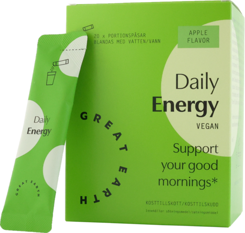 Grønn energidrikksboks og pose med eplesmak, vegansk, støtter morgengrus, inneholder vann og frukt-juice.
