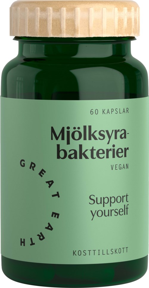 En grønn flaske merket med probiotika, vegansk, støtter helsen, inneholder 60 kapsler, og er et kosttilskudd.