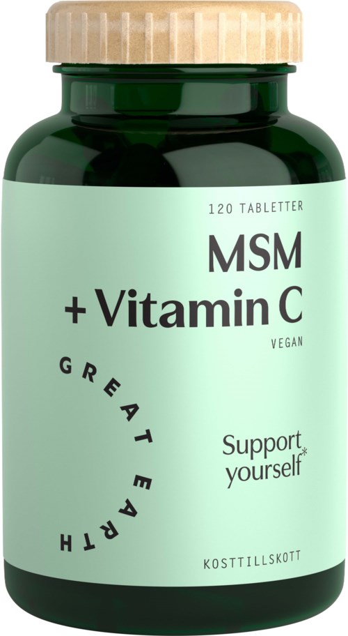 Grön flaska med MSM och vitamin C-kapslar, stöder hälsa, vegansk, 120 tabletter, och står 'support yourself'.