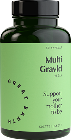 Eine grüne Flasche mit 'Multi Gravid' für werdende Mütter, enthält 60 vegane Kapseln für Gesundheit und Ernährung.