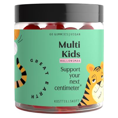 En burk med veganska gelégodisar kallad Multi Kids med en tigerritare och färgglad etikett.