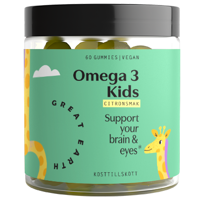 Veganske omega 3-gummier til børn, støtter hjerne og øjens sundhed, citrussmag, med giraf-illustration, 60 stk.