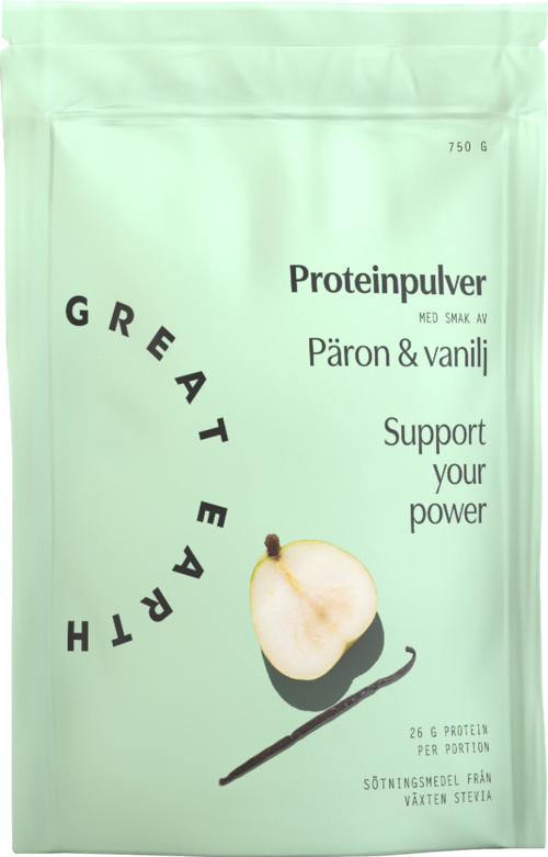 Grönt paket av proteinpulver med päron och vaniljsmak, stöder din energi med 26 gram protein per portion.