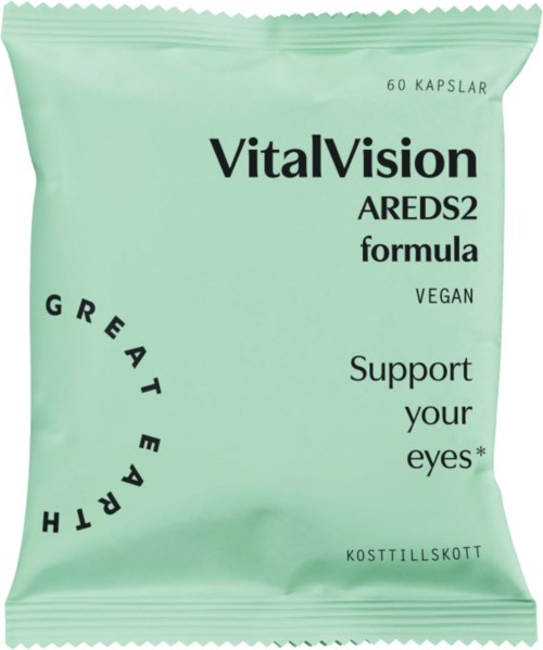 Vihreä pakka VitalVision AREDS2 vegaanisia kapseleita, jotka tukevat silmien terveyttä, sisältää 60 kapselia.