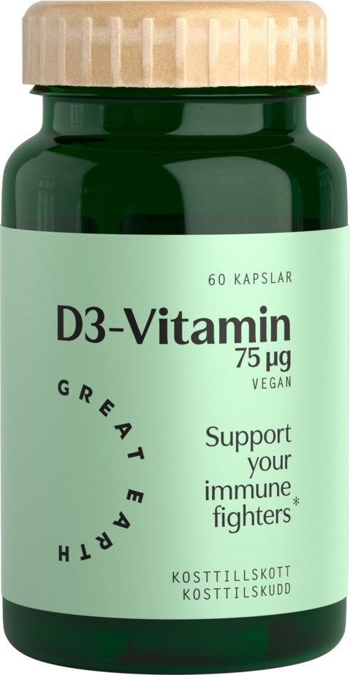 Grønn flaske med beige lokk, etiketten viser D3-Vitamin, støtter immunforsvaret, vegan, 75 mikrogram, 60 kapsler.