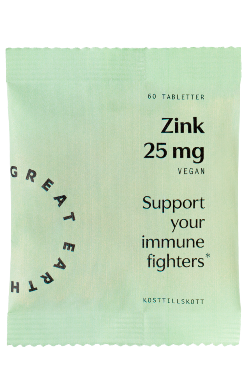 Ett paket med zinktabletter märkt 'Zink 25 mg', stödjer immunförsvaret, vegansk, med 60 tabletter inuti.