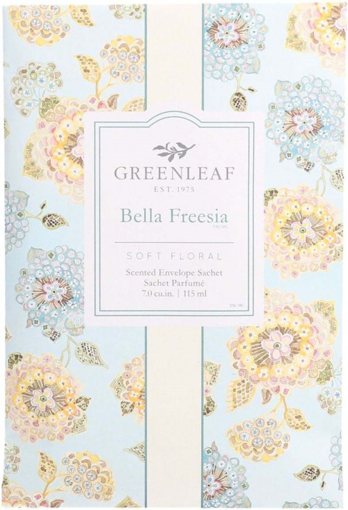 Kukkateemainen pussi pastellisävyin ja Greenleafin logolla, nimeltä Bella Freesia, pehmeä kukkainen tuoksu.