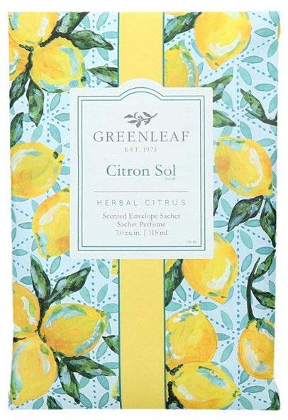 Et gult og blåt illustreret brevpapir med citroner, blade og en central etiket til Greenleaf Citrón Sol duft.