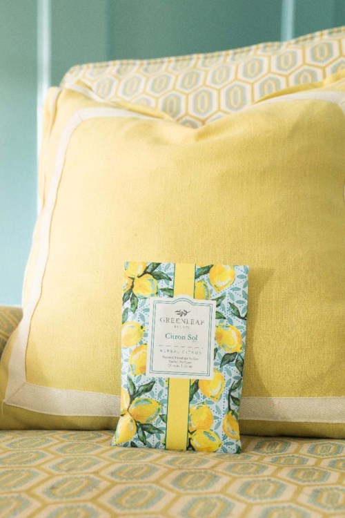 En pose citron salt på en gul pude med matchende puder. Baggrunden er teal. Posens design har citroner.