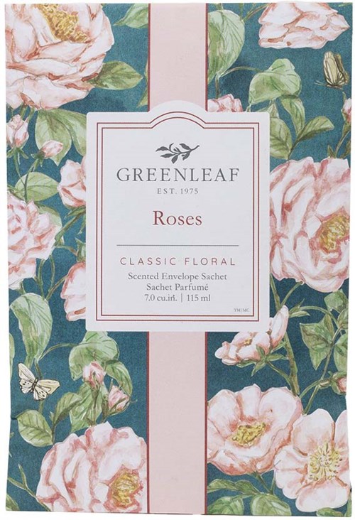 Kukkakuosi, jossa on vaaleanpunaisia ruusuja ja vihreitä lehtiä tummalla taustalla, sisältää valkoisen etiketin 'Greenleaf' ja 'Roses' tekstillä.