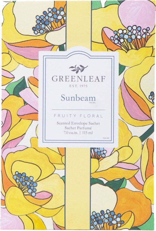 Tuoksuva kirjekuoren sulka, jossa keltaisia, pinkkejä ja oransseja kukkia ja sinisiä yksityiskohtia, nimeltä Greenleaf Sunbeam, hedelmäinen kukkaistuoksu.