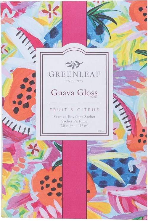 Buntes tropisches Obst- und Blumenmuster auf der Verpackung des Greenleaf Guava Gloss Duftbeutels.