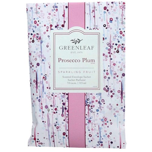 En glittrig, färgglad påse med rosa, lila och silverprickar, märkt 'Greenleaf Prosecco Plum' för doftpåse.