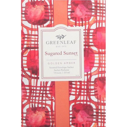 En etikett för Greenleaf Sugared Sunset-doft, med ett rutigt mönster i rött och rosa, äpplen och ett vitt textområde.