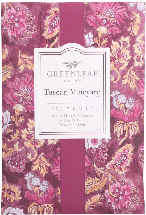 Koristeellinen laatikko, jossa pinkki, lilac ja kulta kukkakuvio, merkitty 'Greenleaf Tuscan Vineyard' hajuavedekääreelle.