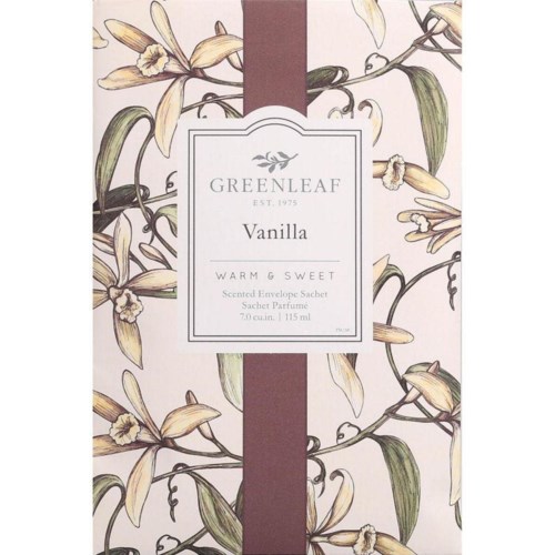 Ett blommigt mönster på ett kuvert med etikett för Greenleaf vaniljsmakande påse, i mjuka pastellfärger och elegant font.
