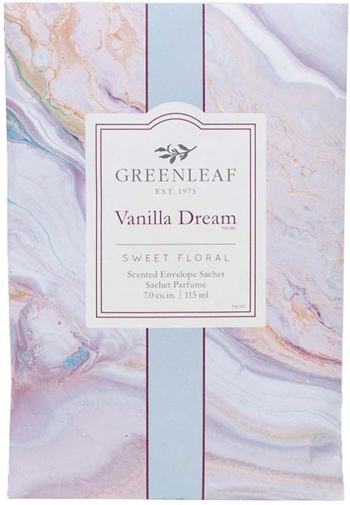 Een zachte, kleurrijke bloemenachtergrond met een centraal label voor Greenleaf Vanilla Dream geurende envelopzakje.