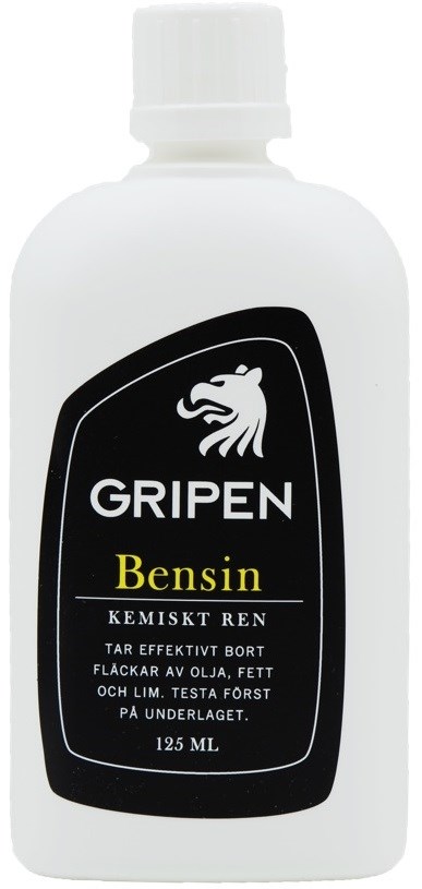 Een witte fles met zwart etiket met leeuwenlogo, merknaam 'GRIPEN' en tekst over benzineverwijdering en schoonmaak.