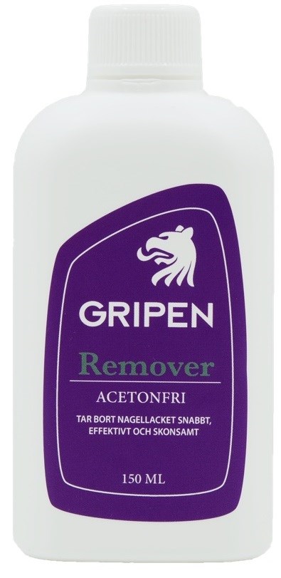 Een witte fles met een paarse label, met leeuw logo en tekst voor nagellakremover. Het is 150 ml.