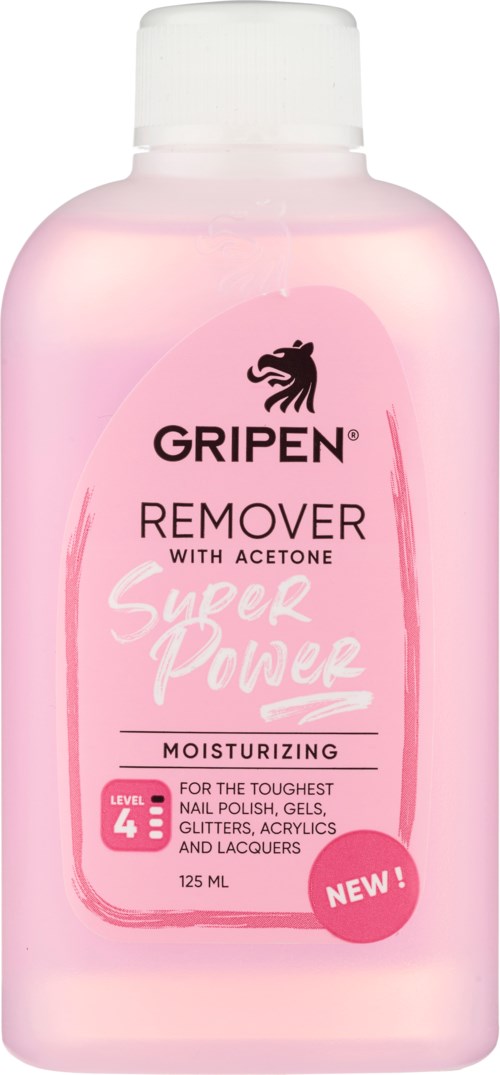 A pink bottle of Gripen nail polish remover with acetone, labeled as moisturizing and for tough nail polish.