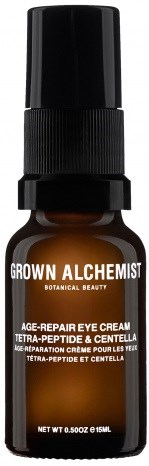 Liten mörk flaska med svart pump, märkt Grown Alchemist Age-Repair Eye Cream, 15 ml.