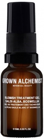 En liten mørk flaske med Blemish Treatment Gel merket 'GROWN ALCHEMIST' med svart lokk.