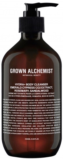En brun flaska med svart pump märkt Grown Alchemist Hydra+ Body Cleanser med naturliga ingredienser.
