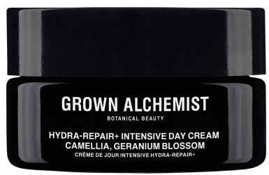En svart burk med vit text märkt "GROWN ALCHEMIST". Det är en hudvårdsprodukt som heter Hydra-Repair+ Intensive Day Cream.