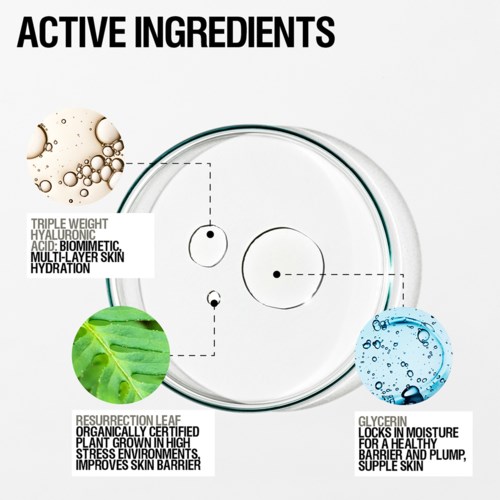 The diagram shows active ingredients: hyaluronic acid, resurrection leaf, and glycerin for healthy, moist skin.