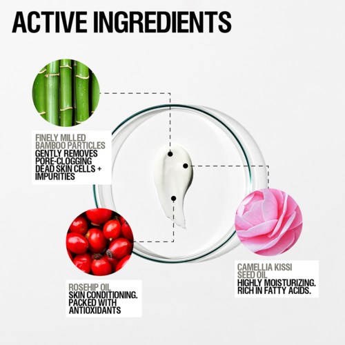 Diagram som viser hudpleieingredienser: bambus, rosehip-olje og camellia kissi-frøolje.