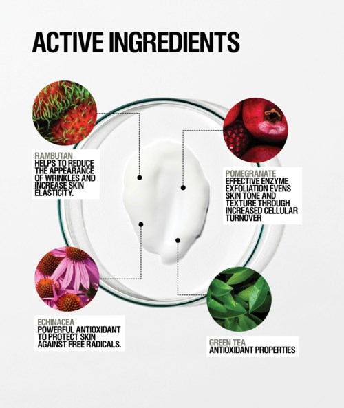 Fyra ingredienser visas: hallon, granatäpple, grönt te och echinacea, alla kopplade till hudhälsa och antioxidanter.