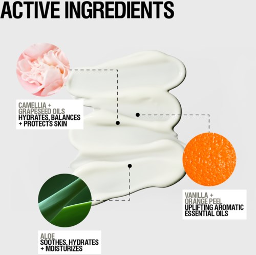En diagram visar aktiva ingredienser i hudvård: rosa blomma för fukt, grönt växtmaterial för lugnande, orange skal för upplyftande doft.