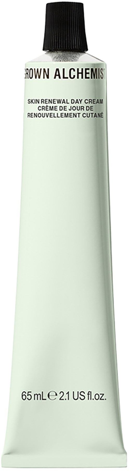 A tube of skin renewal day cream labeled 'BROWN ALCHEMIST' with black cap, 65ml size.