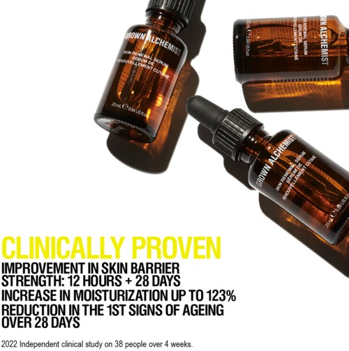 Dark brown bottles of skincare serum with white and yellow text, claiming skin improvement and hydration benefits.