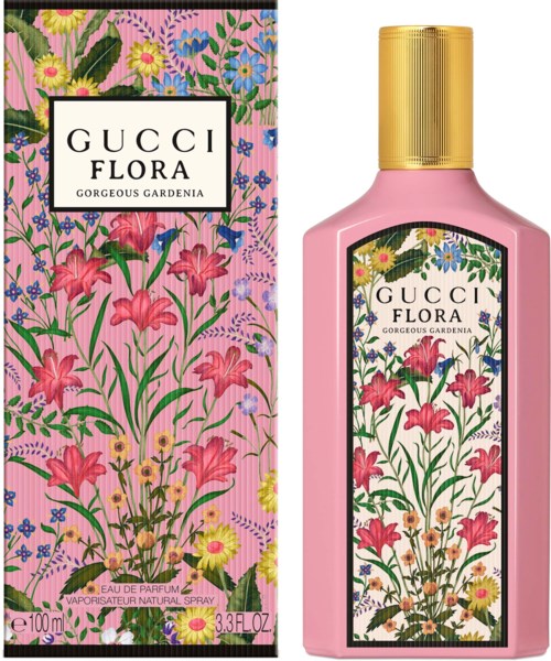Blommig design med rosa, blå och gula blommor på rosa bakgrund, märkt "Gucci Flora" och en rosa parfymflaska.