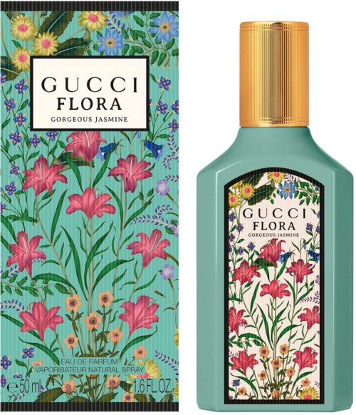 A perfume bottle and box decorated with colorful flowers and greenery, labeled 'Gucci Flora Gorgeous Jasmine'.