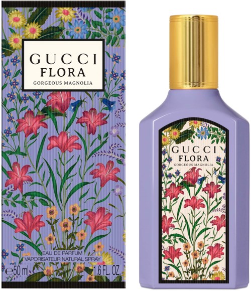 En parfueboks og flaske med blomsterillustrationer og 'GUCCI FLORA' tekst, lilla og guld design.