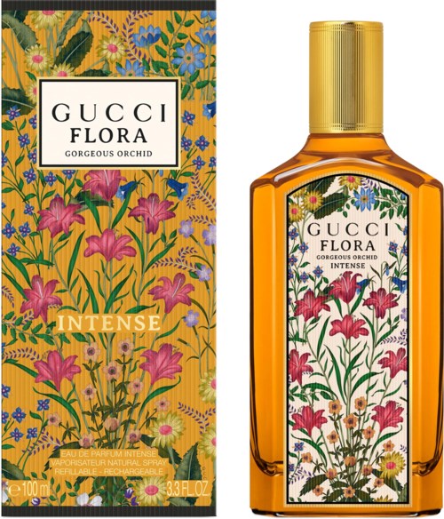 Gucci Flora Gorgeous Orchid Intense parfymeeske og flaske med blomsterdesign og gullhode.