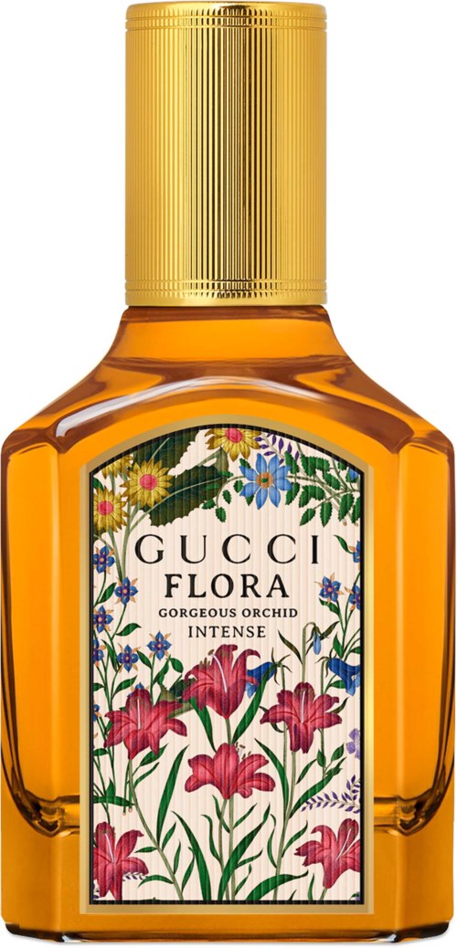 Flaske med Gucci Flora Intense parfyme med blomsteretikett og gullhette.