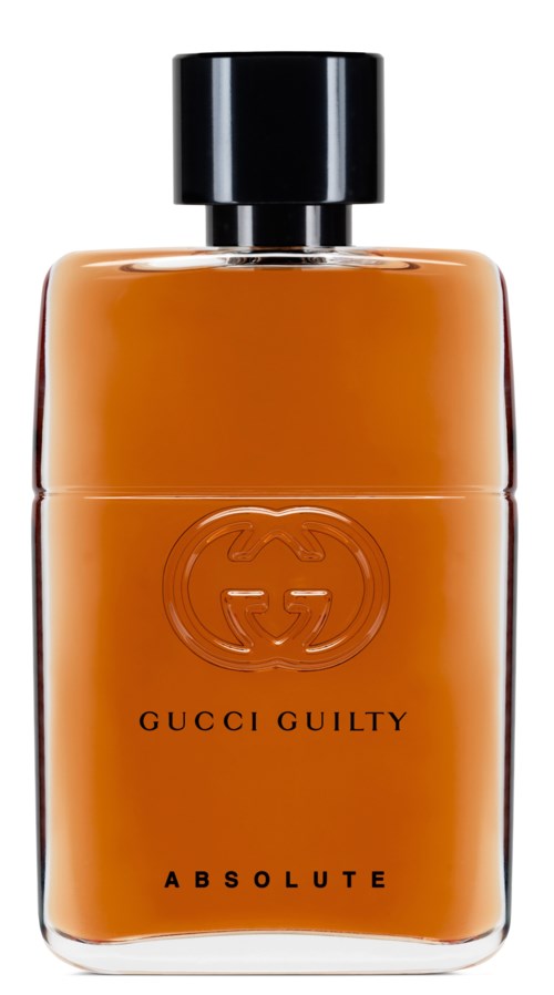 Eine braune Parfümflasche mit schwarzem Deckel, mit einem Logo und den Worten 'GUCCI GUILTY ABSOLUTE'.