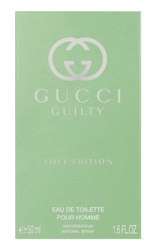 En ljusgrön parfymerbox med Gucci-loggan och text, säger 'Guilty Love Edition' och detaljer om doften.
